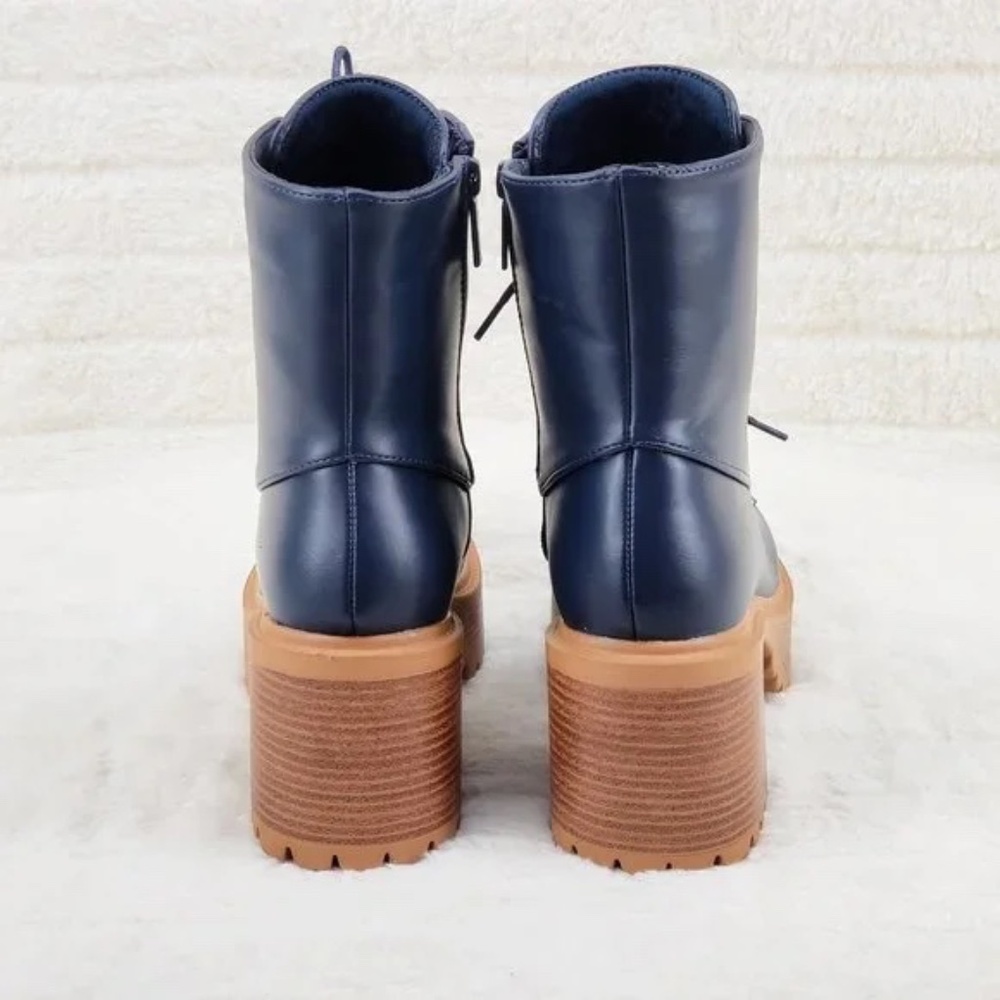 *Unilady Navy Blue Wood Look 3" Chunky Platform Combat Boots - Picture 4 of 7